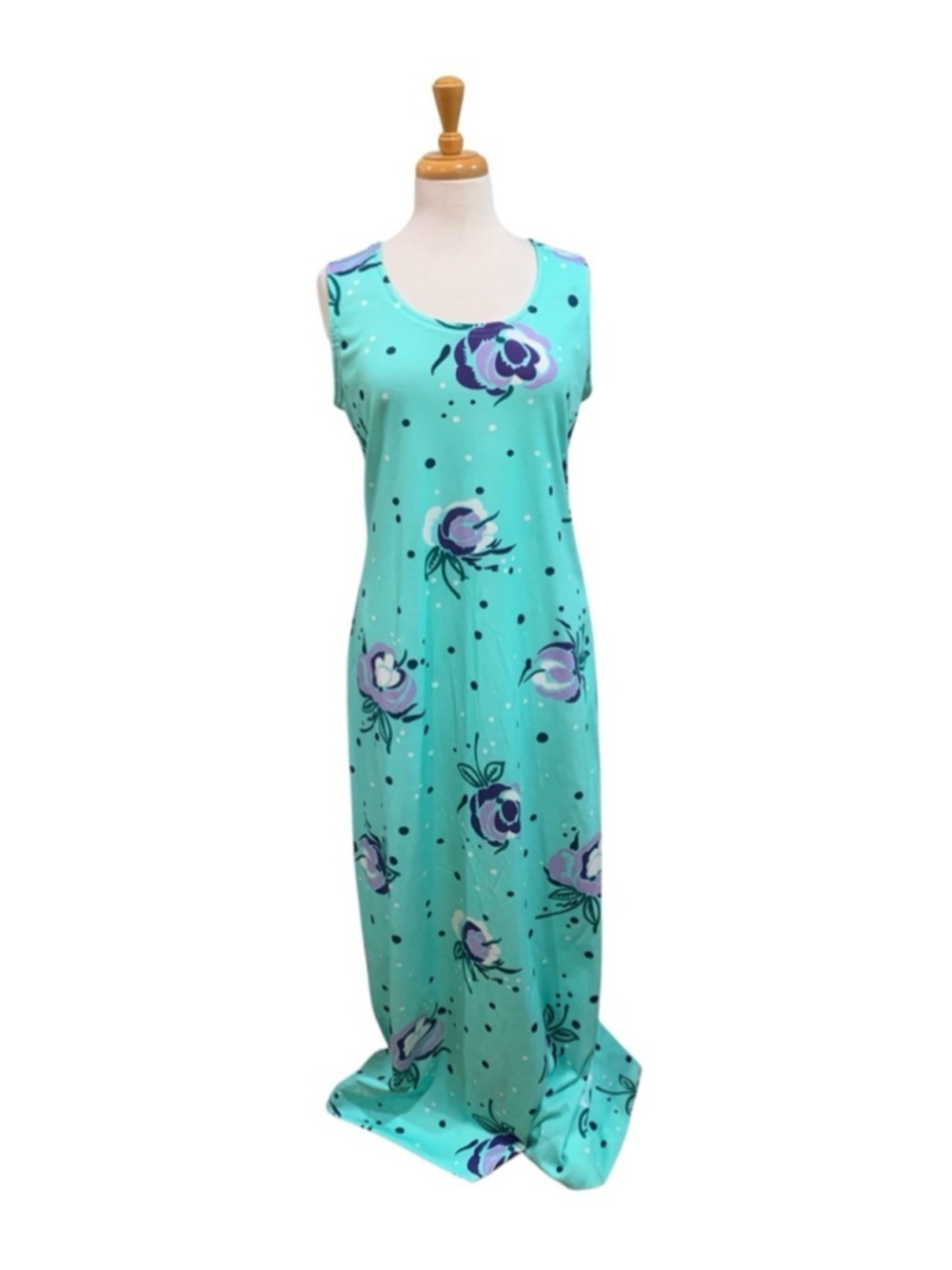 Vntg 70’s Women's Unbranded Teal Purple Floral Maxi Poly Volup Dress Size 14
